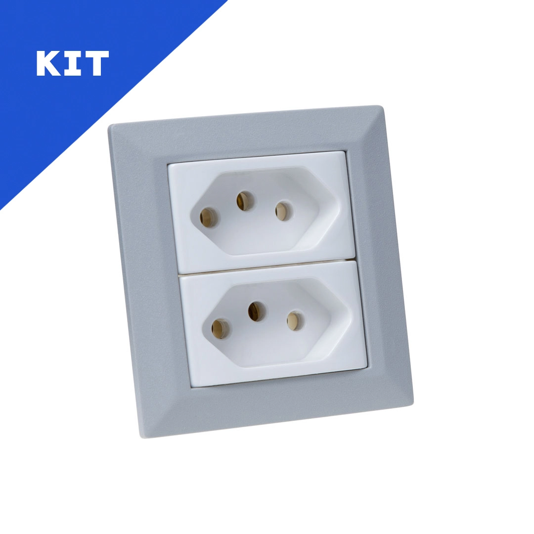 Kit Espelhos De Tomadas Duplo Chanfrado Com 2 Tomadas 10a Cinza