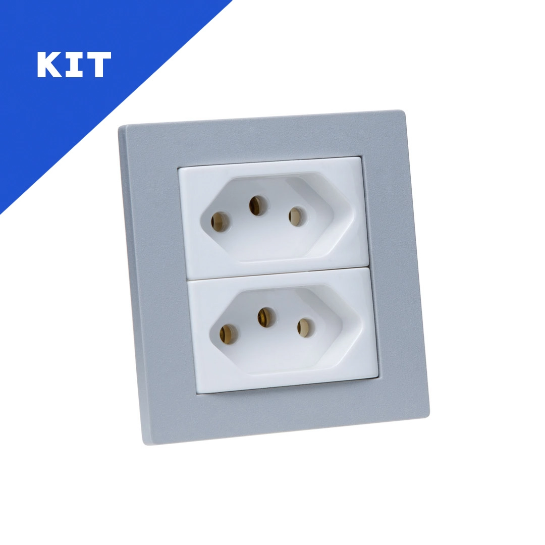 Kit Espelhos De Tomadas Duplo Reto Com 2 Tomadas 10a Cinza