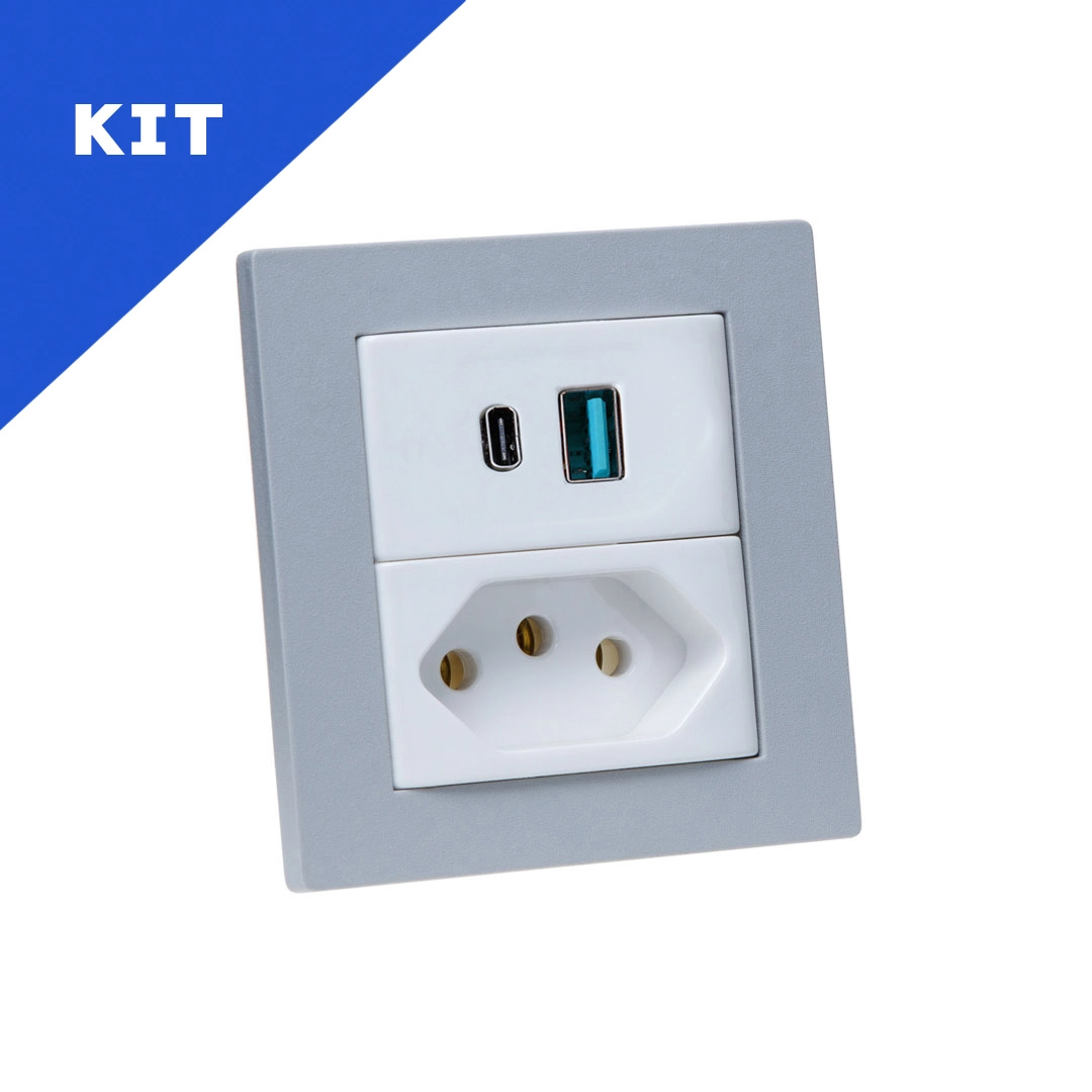 Kit Espelhos De Tomadas Duplo Reto 1tom 10a 2usb 9.0a 1tipoc Cinza