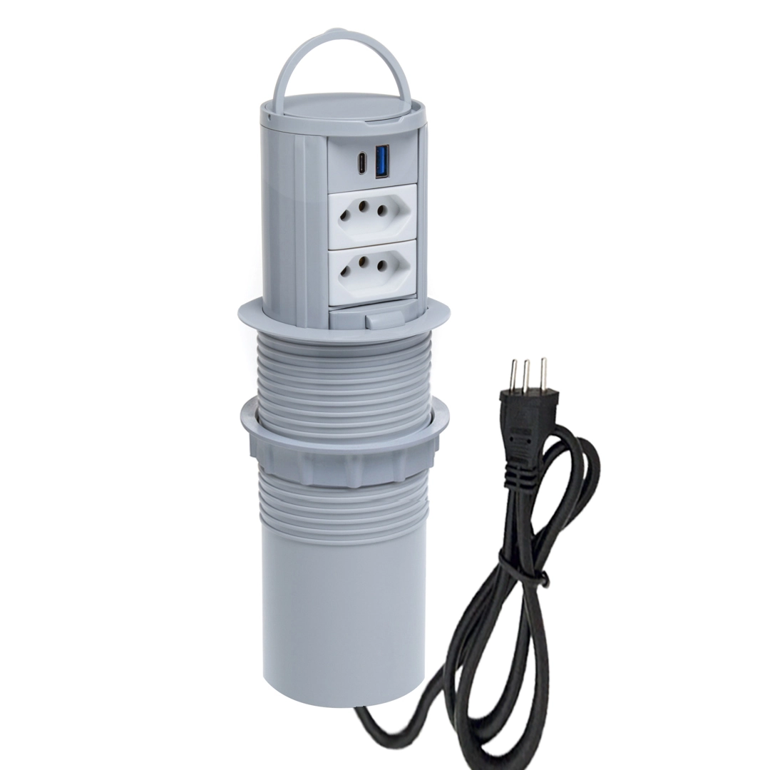 Torre De Tomada Totem Slim Manual Alça 2 Tomada 20a 2usb 3.5 Cinza