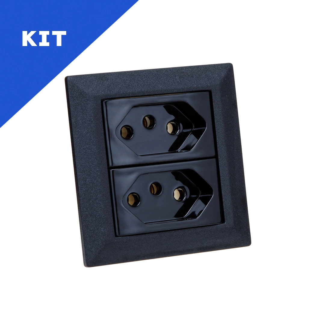 Kit Espelhos De Tomadas Duplo Chanfrado Com 2 Tomadas 20a Preto