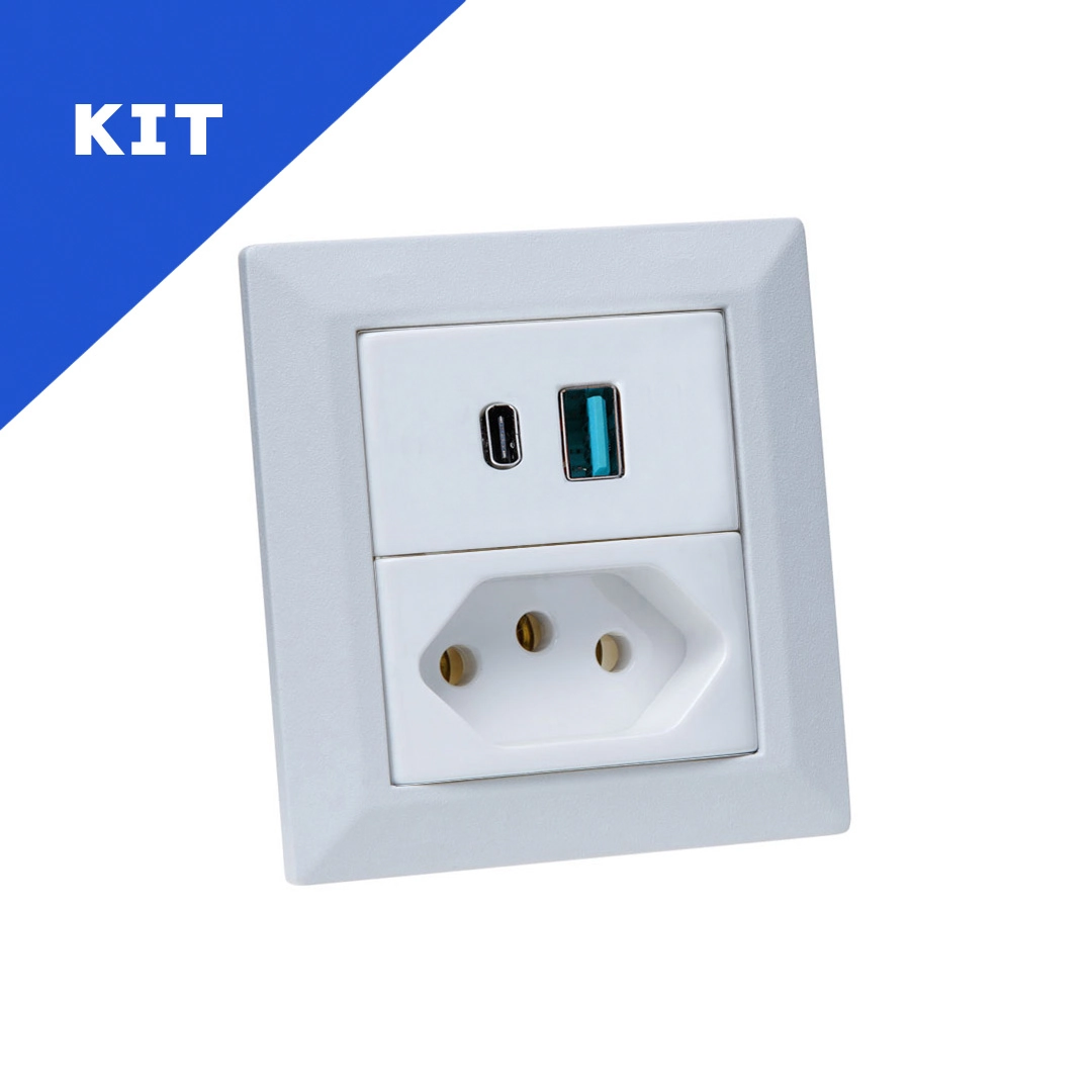 Kit Espelhos Tomadas Duplo Chanf 1 Tom 20a 2usb 9.0a 1tipoc Branco