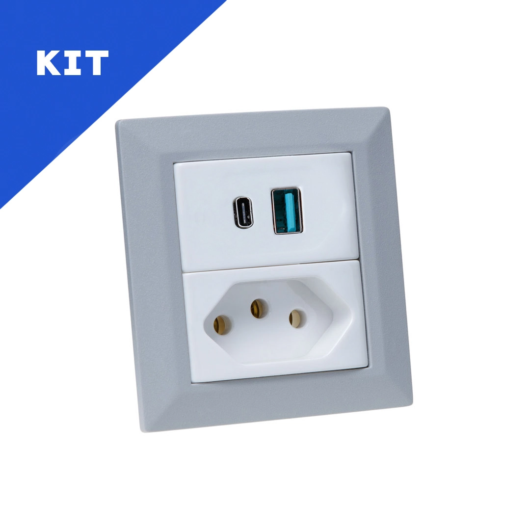 Kit Espelhos Tomadas Duplo Chanf 1 Tom 20a 2usb 9.0a 1tipoc Cinza