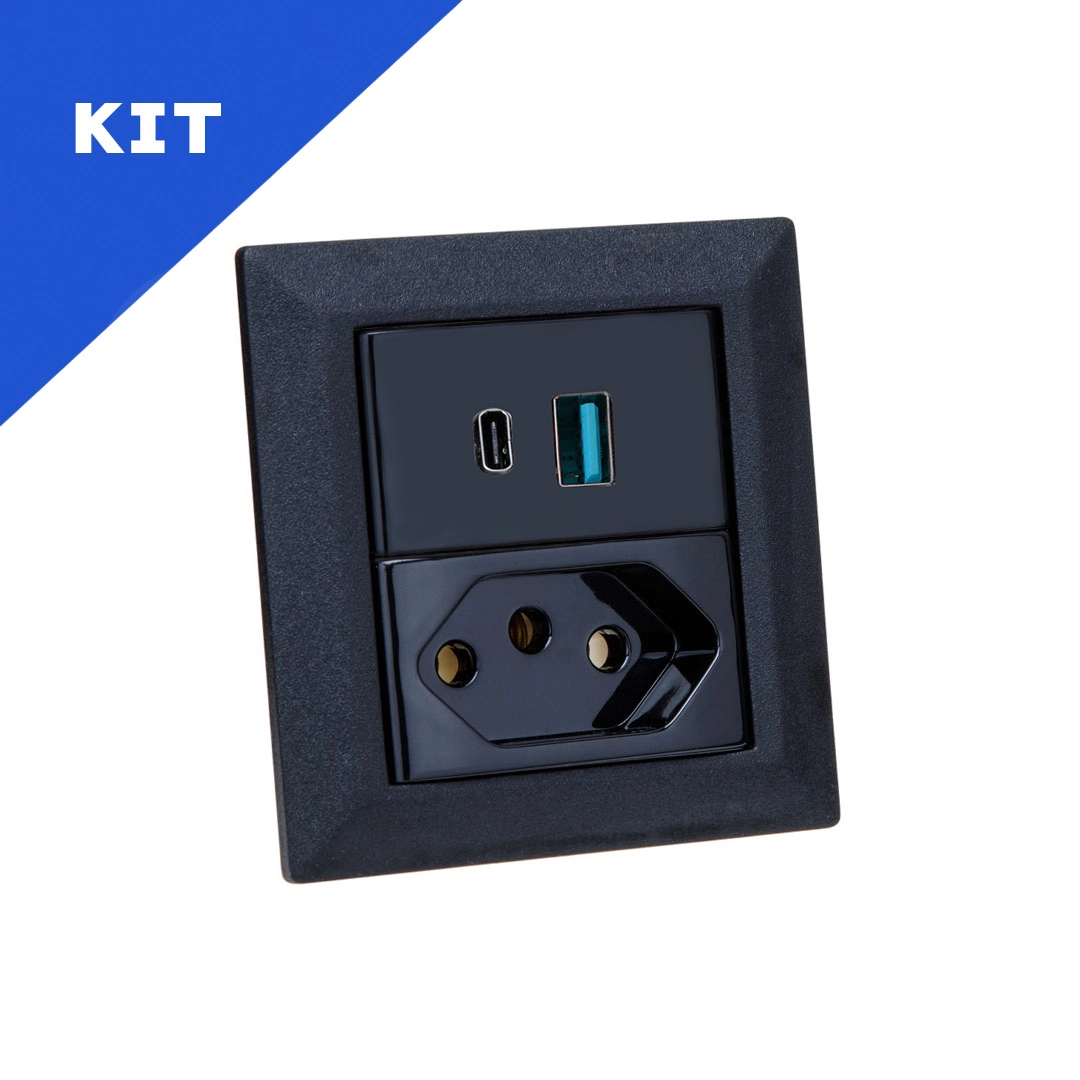 Kit Espelhos Tomadas Duplo Chanf 1 Tom 20a 2usb 9.0a 1tipoc Preto
