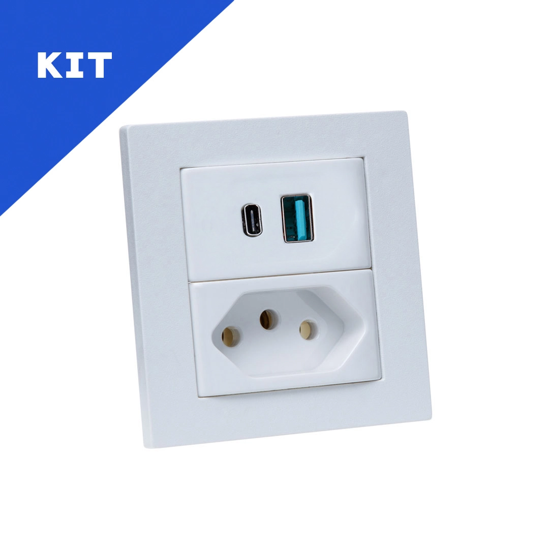 Kit Espelhos De Tomadas Duplo Reto 1tom 20a 2usb 9.0a 1tipoc Branco