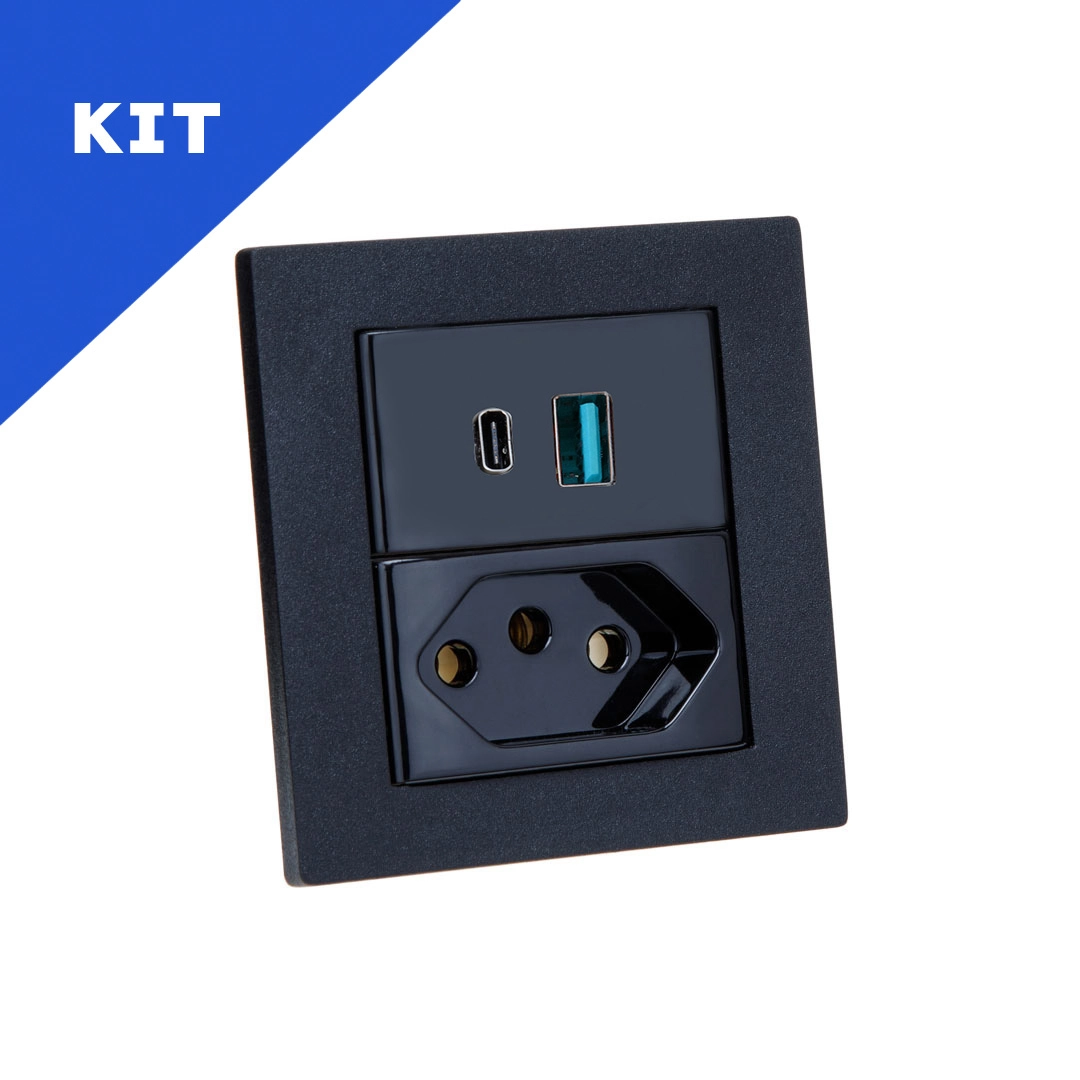 Kit Espelhos De Tomadas Duplo Reto 1tom 20a 2usb 9.0a 1tipoc Preto