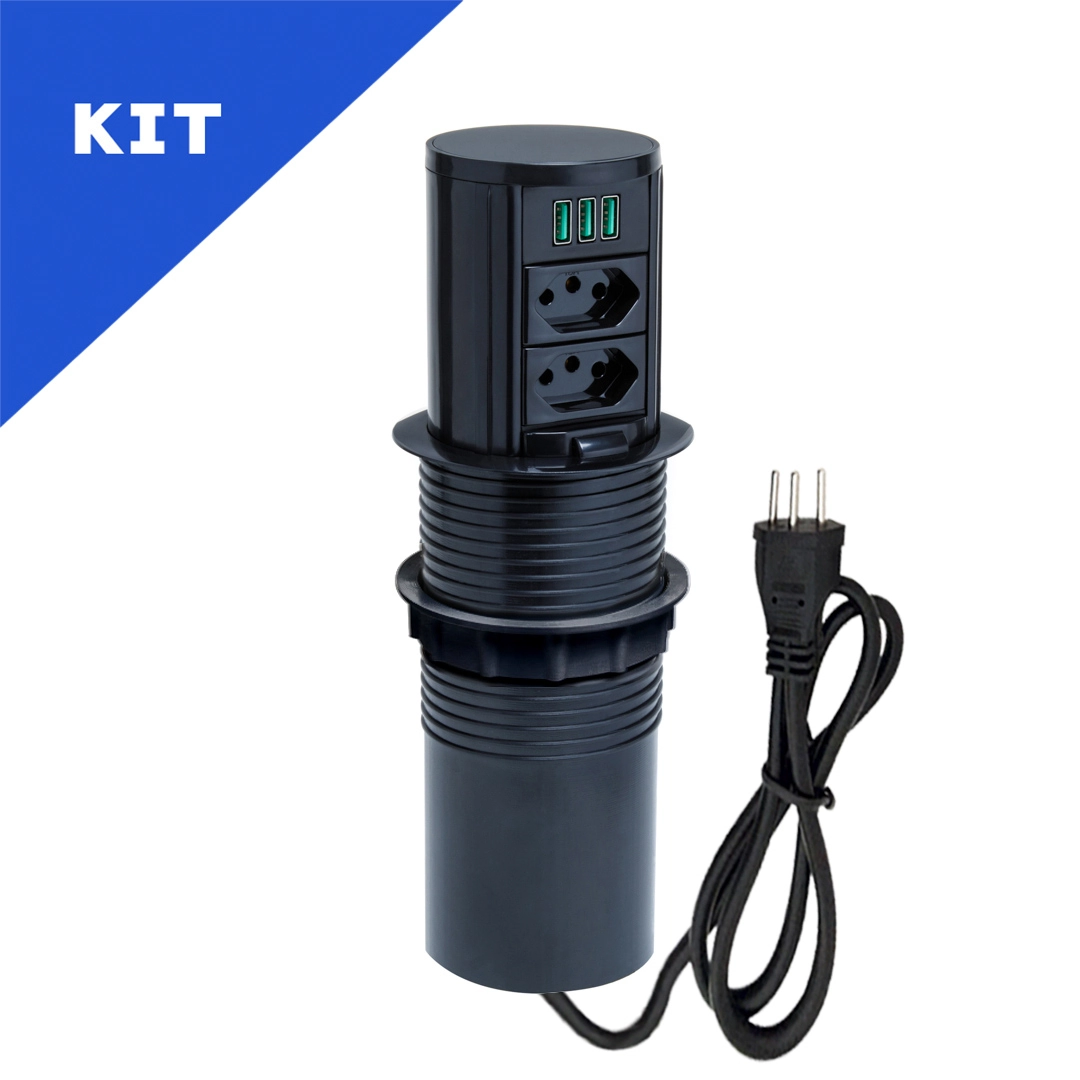 Kit 2 Torres De Tomada Slim Manual 2 Tomadas 10a 3usb 5.2a Preto