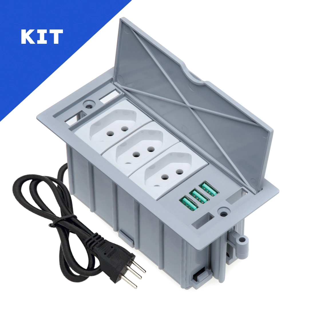 Kit 2 Caixas De Tomadas 4 Blocos Basculante 3 Tom 10a 3usb Cinza