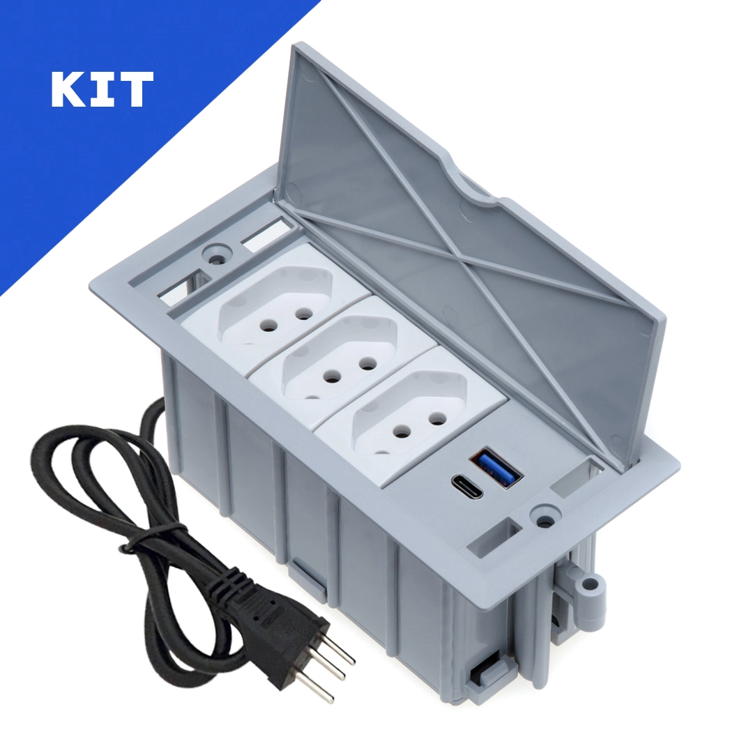 Kit 2 Caixas De Tomadas 4 Blocos 3 Tomadas 20a 2usb 1 Tipo C Cinza