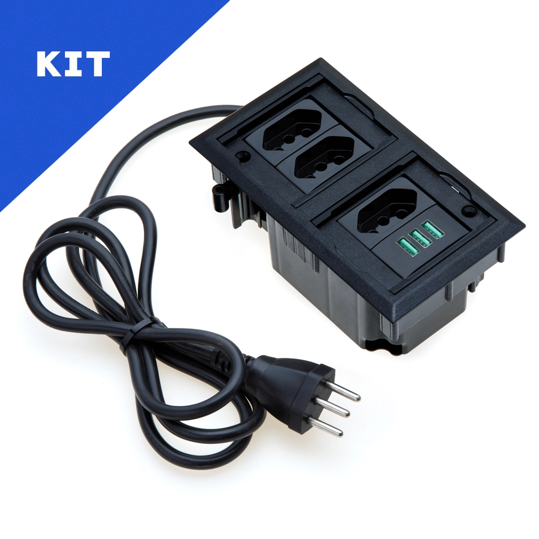 Kit 2 Caixas De Tomadas 4 Blocos Com 3 Tomadas 10a 3usb Preto