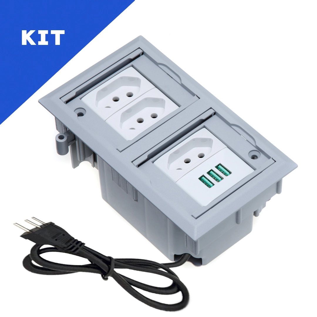 Kit 2 Caixas De Tomadas 4 Blocos Com 3 Tomadas 20a 3usb 5.2a Cinza
