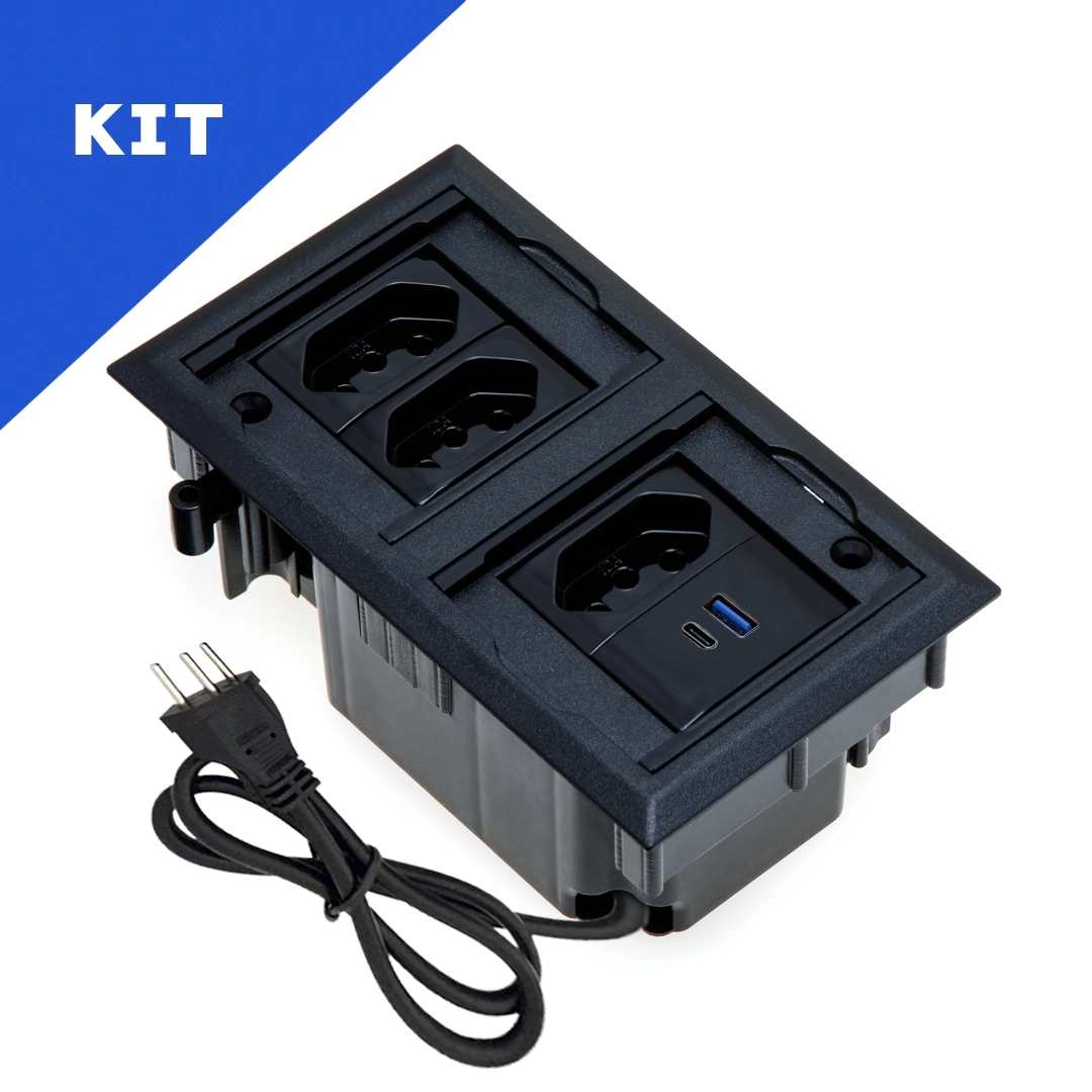 Kit 2 Caixas De Tomadas 4 Blocos Com 3 Tomadas 10a 2usb 9.0a Preto