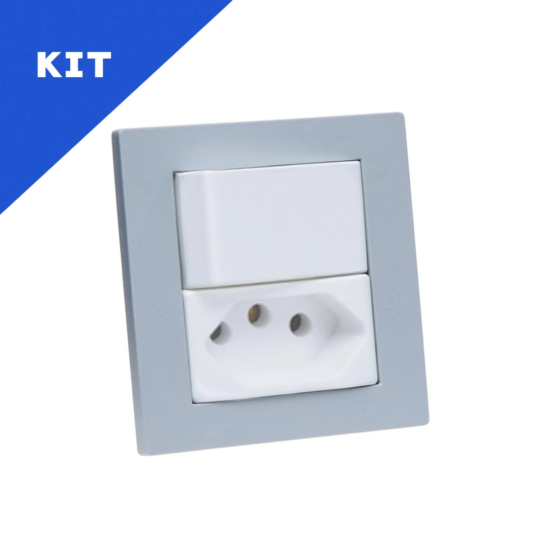 Kit Espelhos De Tomadas Duplo Reto 1 Tom 10a 1 Interruptor Cinza