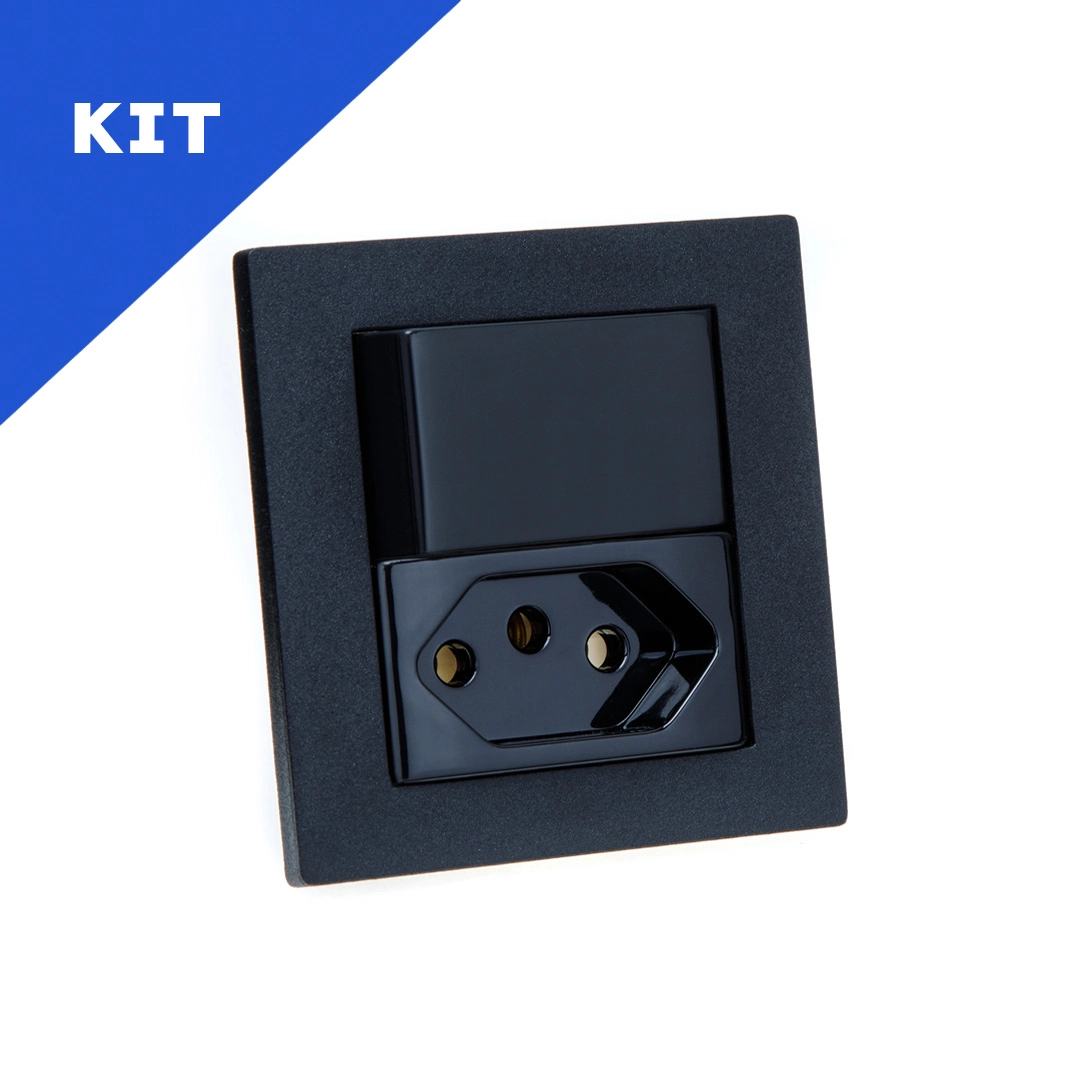 Kit Espelhos De Tomadas Duplo Reto 1 Tom 10a 1 Interruptor Preto