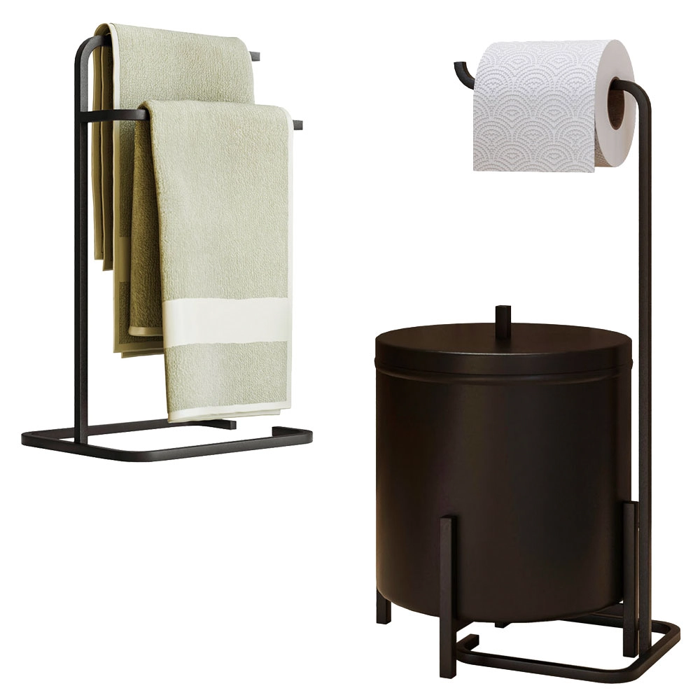 Kit Porta Toalha De Rosto Lixeira 6l E Porta Papel Higiênico Eleganza Metal Preto - Pallazio
