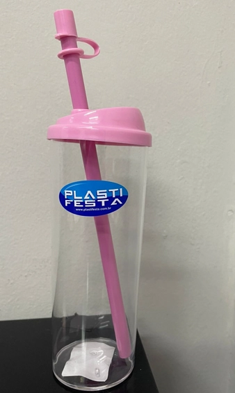 Copo Shake Long Cristal C/tampa Rosa Bebe Plastifesta