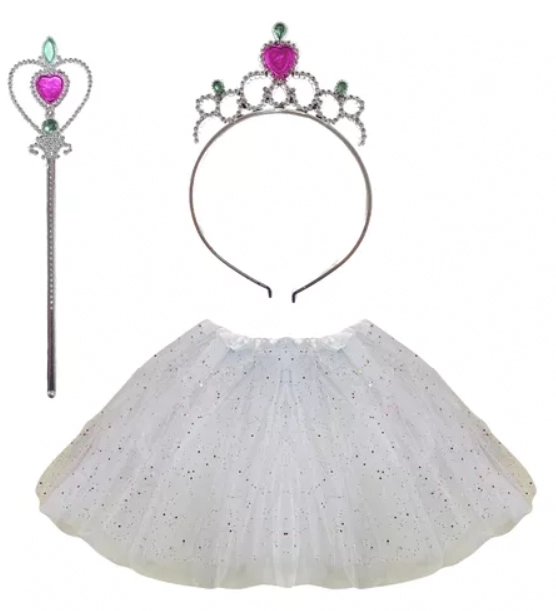 Kit Saia Branca/varinha/tiara Coroa 30cm