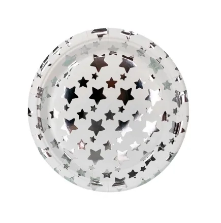 Prato Papel Estrelas Met Prata 18cm C/8un Ponto Das Festas