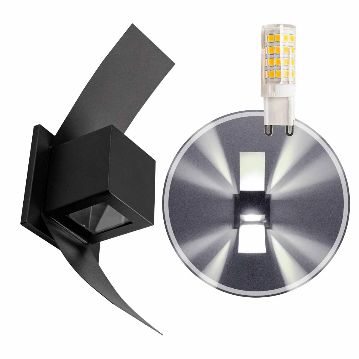 Arandela Box Aba Efeito 2 Foco Alumínio Preta + Led G9 5w Branco Frio St890