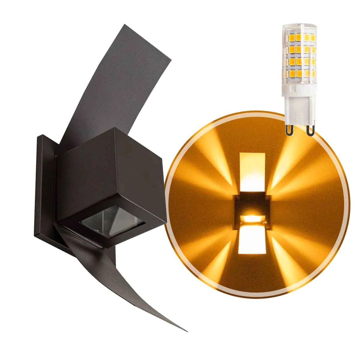 Arandela Box Aba Efeito 2 Foco Alumínio Marrom + Led G9 5w Branco Quente St890