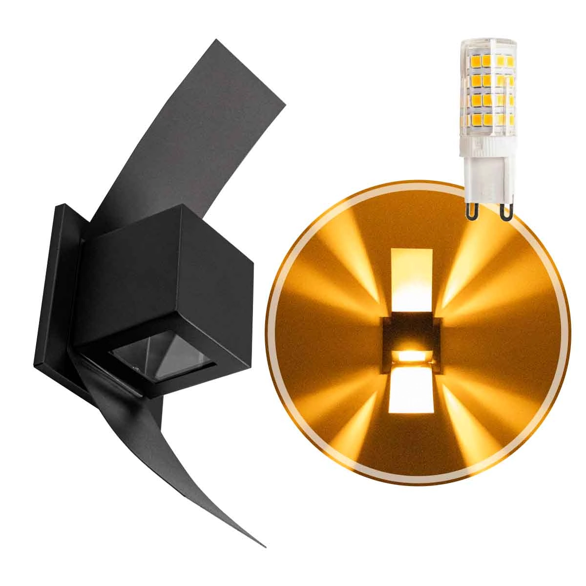 Arandela Box Aba Efeito 2 Foco Alumínio Preta + Led G9 5w Branco Quente St890