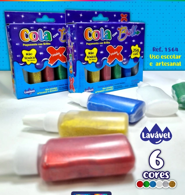 Cola Colorida Glitter 6 Cores 25g 1564 Make