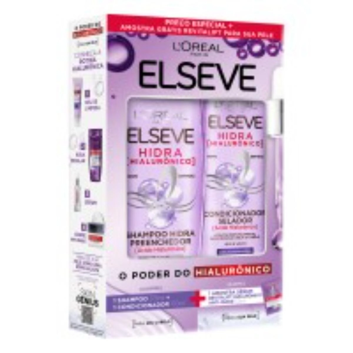 Kit Shampoo 375ml Condicionador 170ml Loréal Paris Elseve Hidra Hialurônico Grátis Amostra Sérum Rev