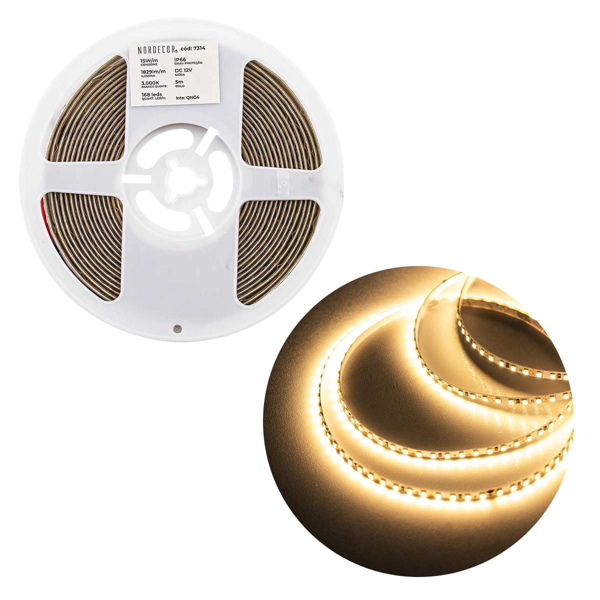 Fita Led 2835 12v 5m Luz Quente 15w/m 168leds/m Ip66 7314 Nordecor St3156