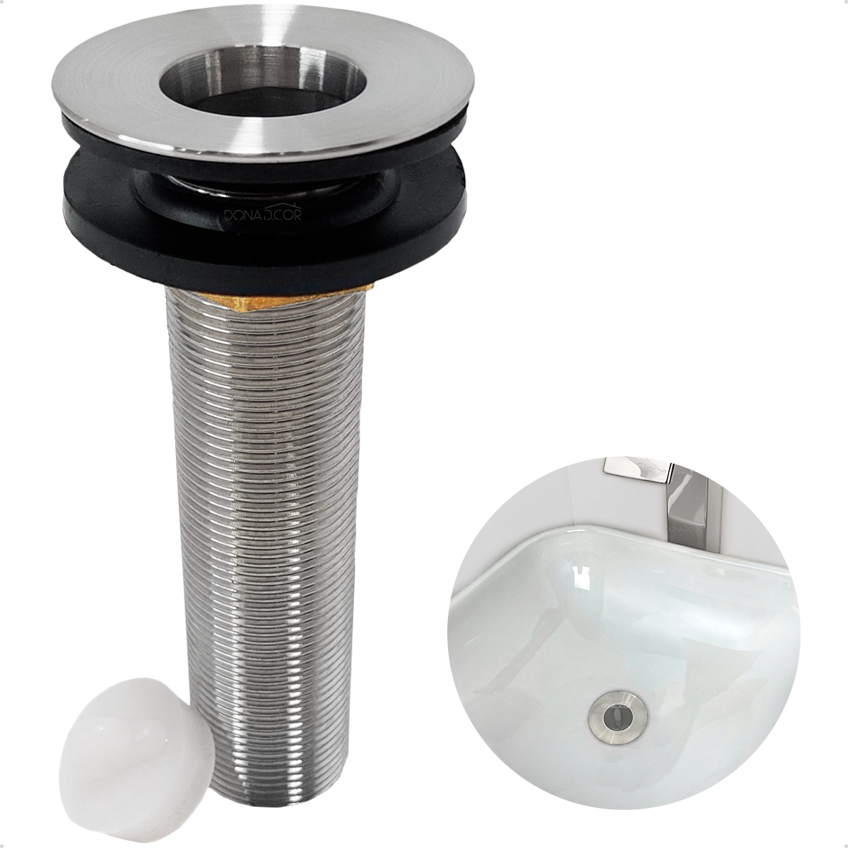 Valvula Longa 7/8 Aço Inox Ralo Pia Banheiro Cuba De Apoio Sobrepor 13cm Escoamento Tampa De Silicone