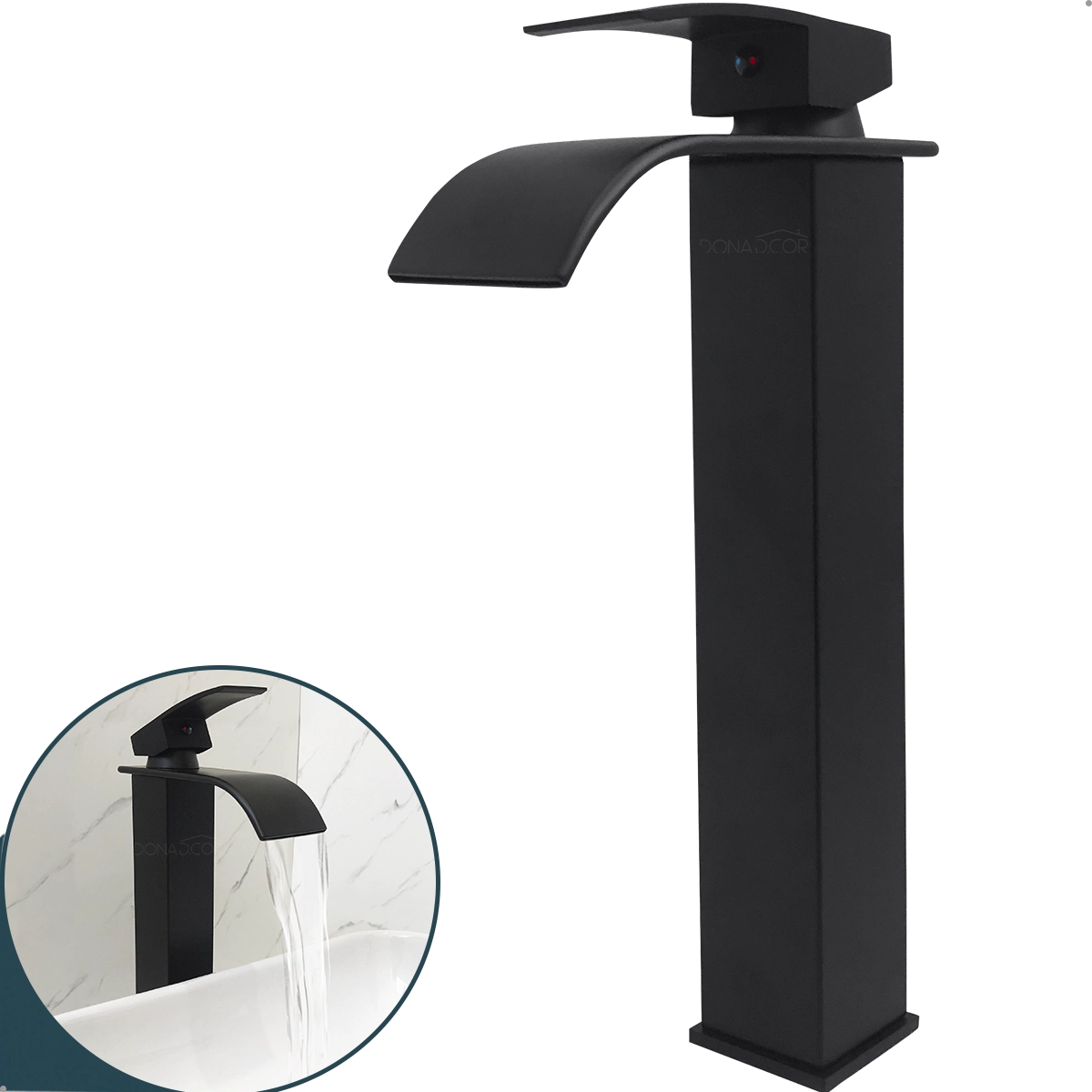 Torneira Banheiro Preta Fosca Cascata Monocomando Misturador Bica Alta Quadrada Para Cuba de Apoio Sobrepor Aço Inox 304