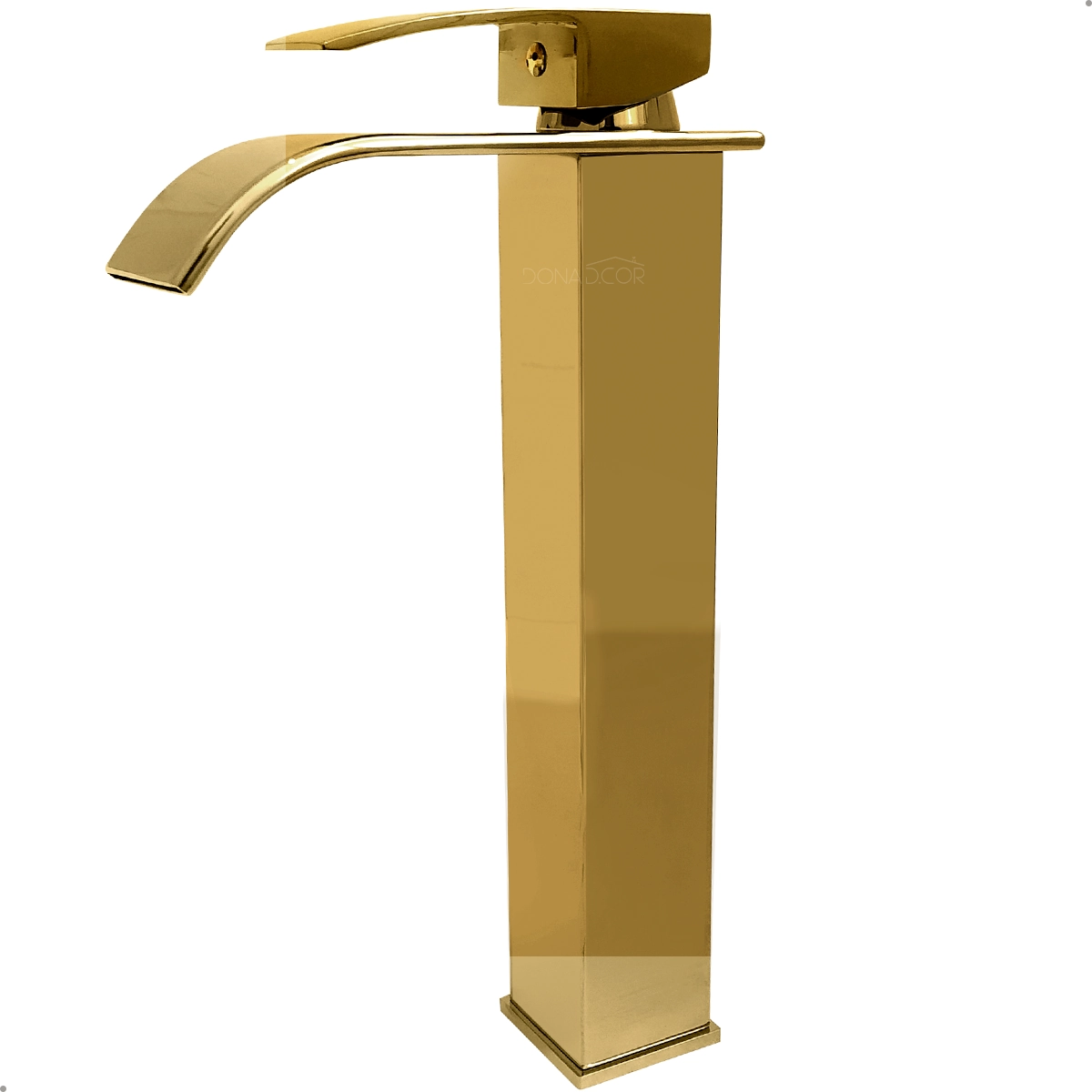Torneira Banheiro Dourada Inox 304 Bica Alta Quadrada Cascata Monocomando Misturador Quente Frio Pia Lavabo Bancada Luxo