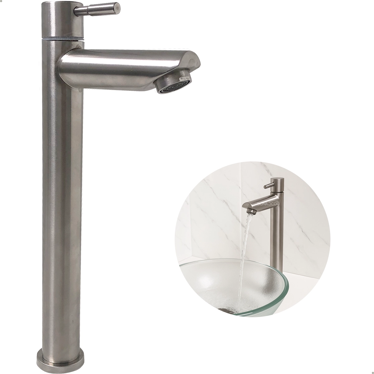 Torneira Inox Escovado Bica Alta Cuba De Sobrepor Banheiro Água Fria 1/4 De Volta Pia Lavatorio Luxo