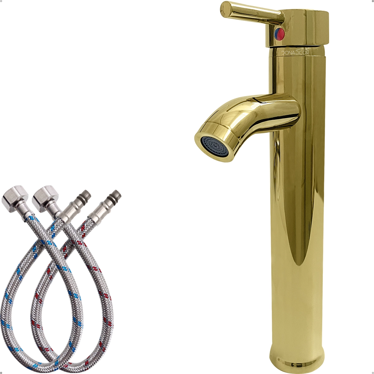 Torneira Banheiro Dourada Monocomando Inox 304 Cuba De Sobrepor Bica Alta Misturador Quente Frio Bancada Lavabo Luxo