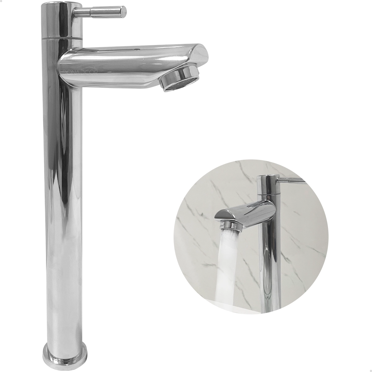 Torneira Fria Cromada Inox 304 Bica Alta 1/4 Volta Pia Banheiro Simples Cuba Sobrepor Bancada