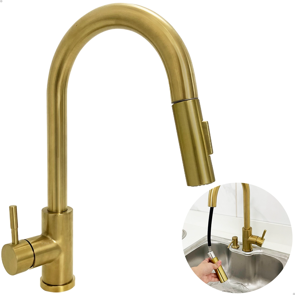 Torneira Cozinha Dourada Fosca Inox 304 Monocomando Bancada Q/f Bica Alta Gourmet Dourado Escovado