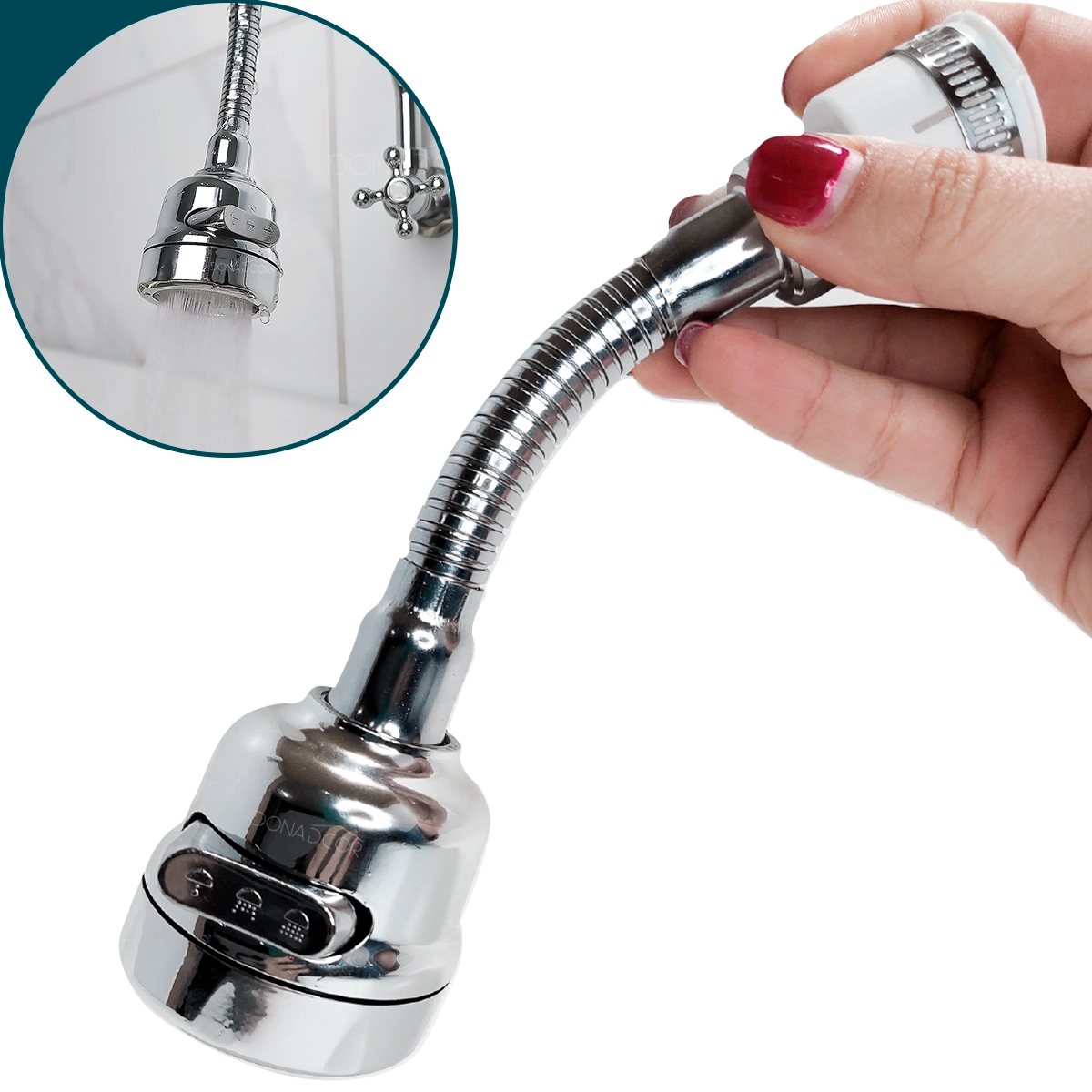 Ponteira Torneira Gourmet Arejador Abs Cromado Com Extensor Prolongador Inox Flexível Chuveirinho 3 Jatos 360 Graus Boca
