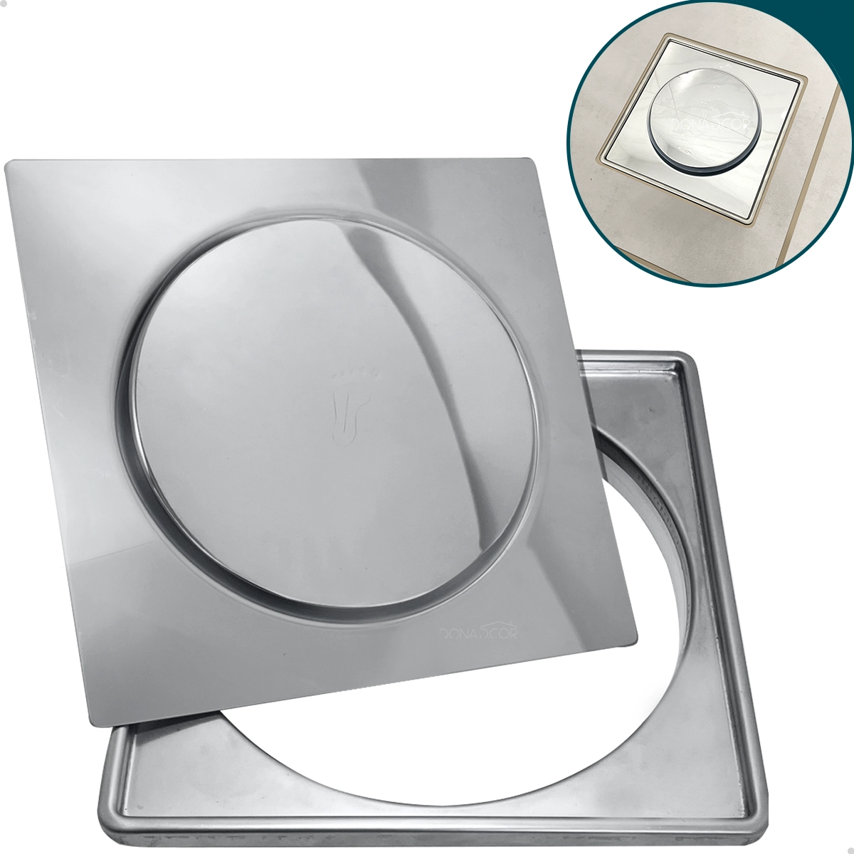 Porta Grelha Abs E Ralo Click Inox Quadrado 15x15 Kit Banheiro Caixilho Ralo Escoamento Box