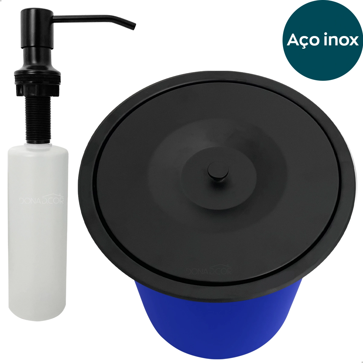 Lixeira Pia Cozinha Embutir 5 Litros Inox Preto Fosco Kit Dispenser Dosador De Sabão Líquido 500ml Cozinha