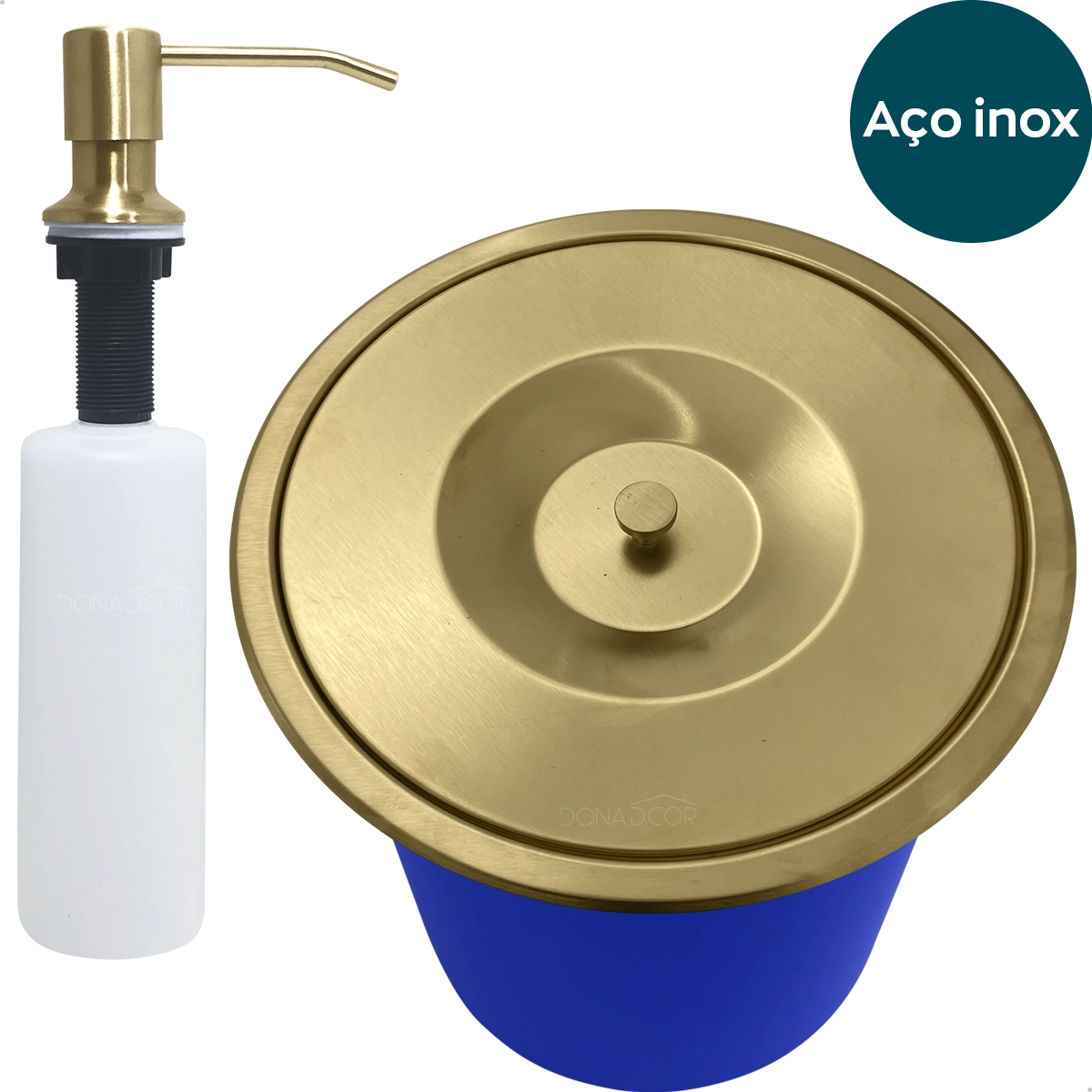 Lixeira Pia Cozinha Embutir 5 Litros Inox Dourado Escovado Kit Dispenser Dosador De Sabão Líquido 350ml Cozinha