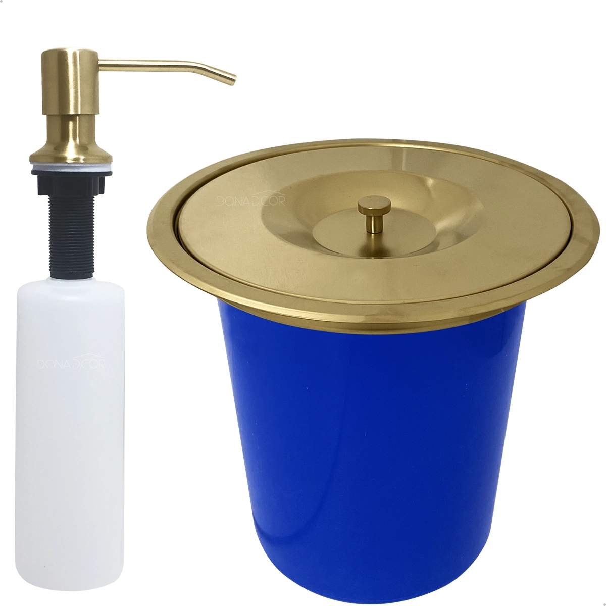 Lixeira Pia Cozinha Embutir 5 Litros Inox Dourado Escovado Kit Dispenser Dosador De Sabão Líquido 500ml Cozinha