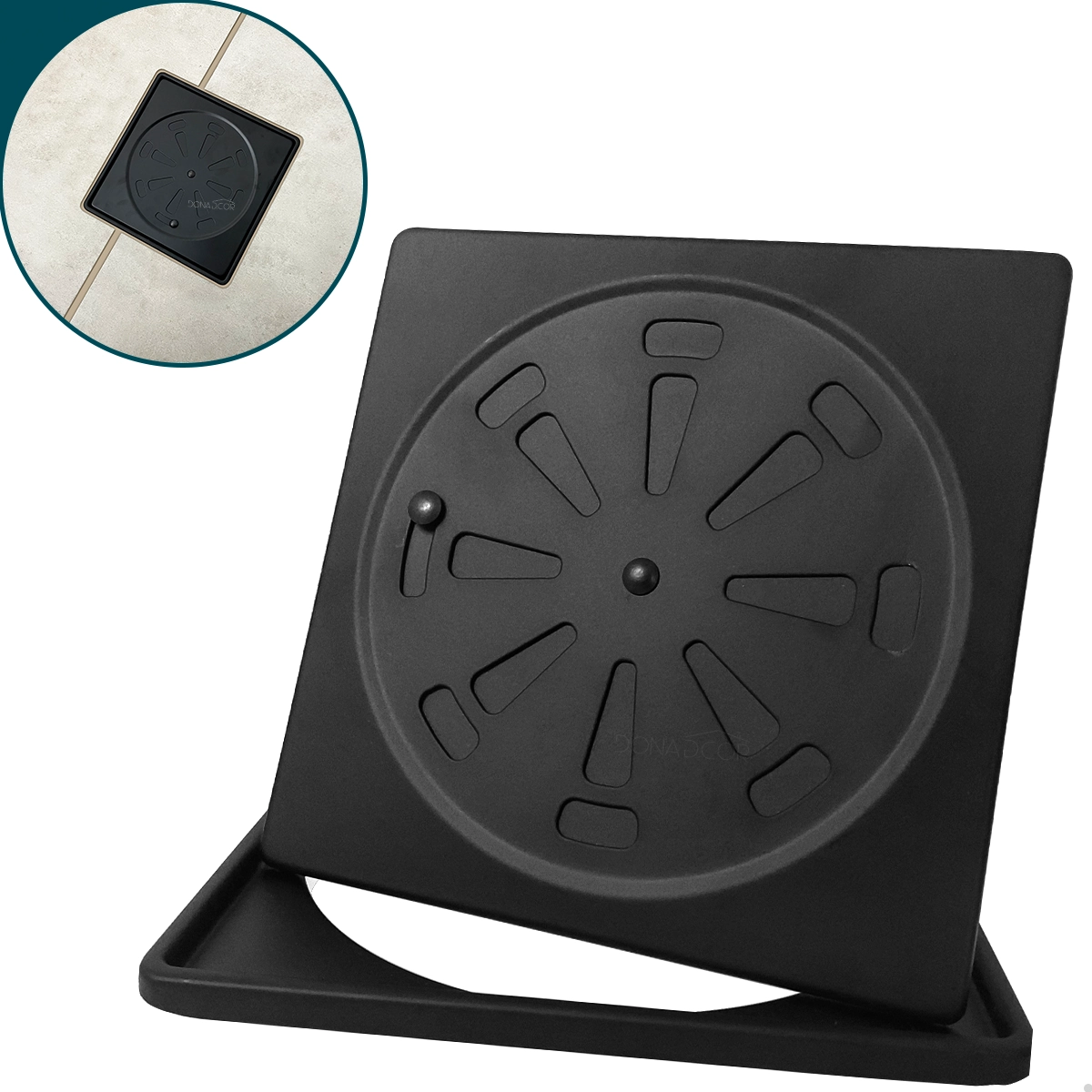 Ralo E Porta Grelha Preto Fosco Inox 15x15 Quadrado Kit Banheiro Tampa Abre e Fecha Rotativo Com Fecho Caixilho