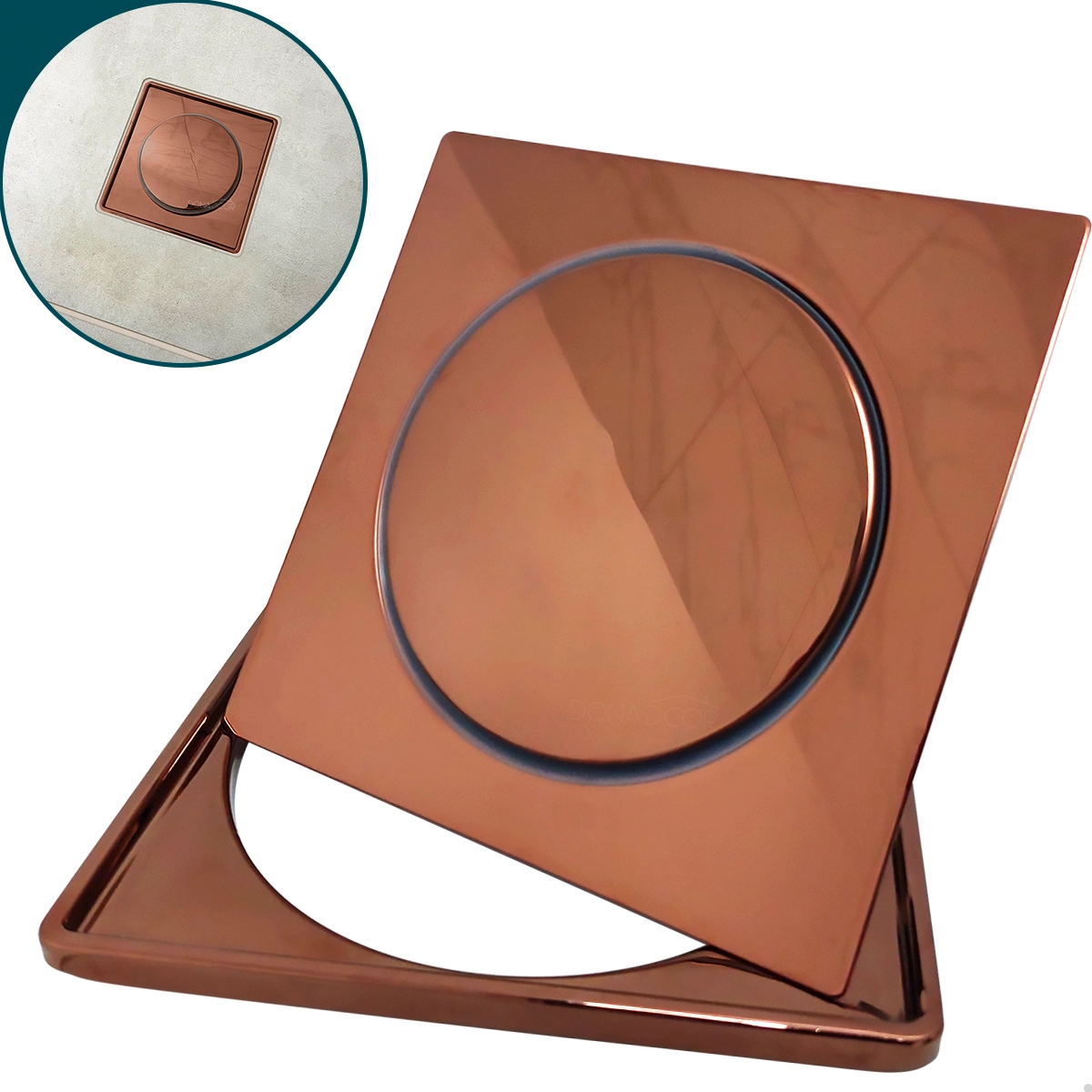 Ralo Click E Porta Grelha Rose Gold Inox 15x15 Kit Banheiro Caixilho Quadrado Suporte Ralo Inteligente Antiodor