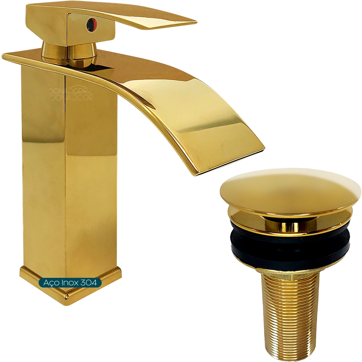 Torneira Dourada Pia Banheiro Bica Baixa Cascata E Valvula Click 1 ¼ Aço Inox Kit Torneira Gold Luxo