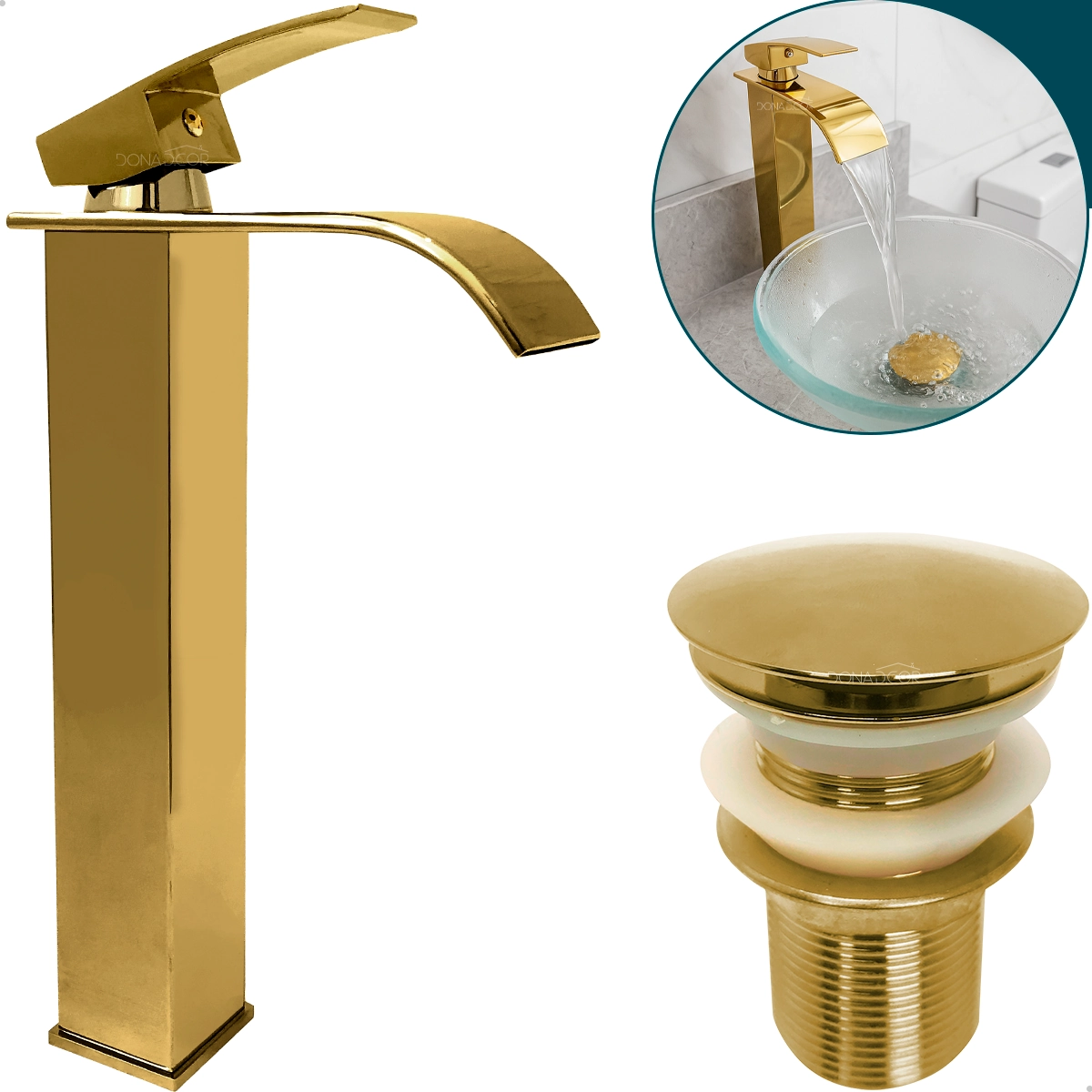 Torneira Dourada Bica Alta Cascata E Valvula Click 1 1/4 Inox Kit Pia Banheiro Gold Brilhoso