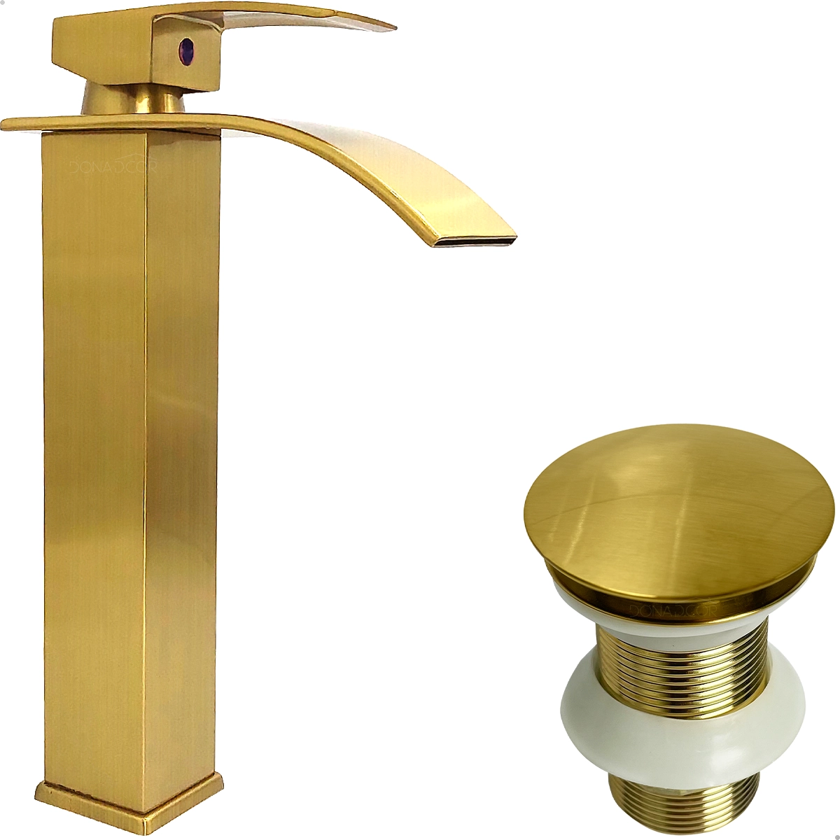Torneira Dourada Escovada Bica Alta Cascata E Valvula Click 1 1/4 Inox Kit Pia Banheiro Gold