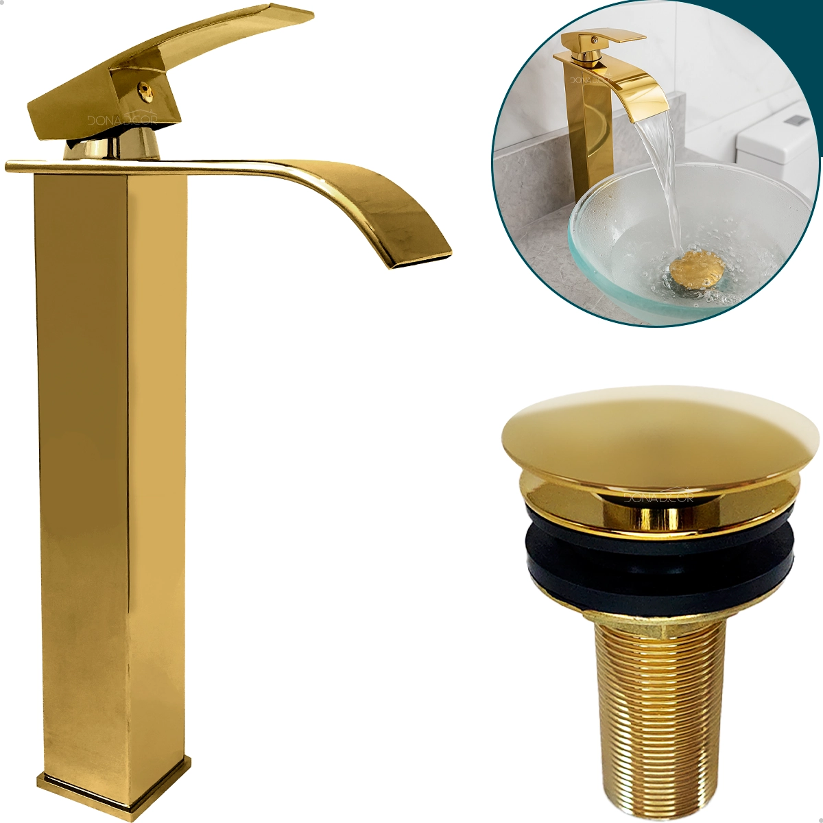 Torneira Dourada Pia Banheiro Bica Alta Cascata E Valvula Click 7/8 Aço Inox Kit Torneira Gold Luxo