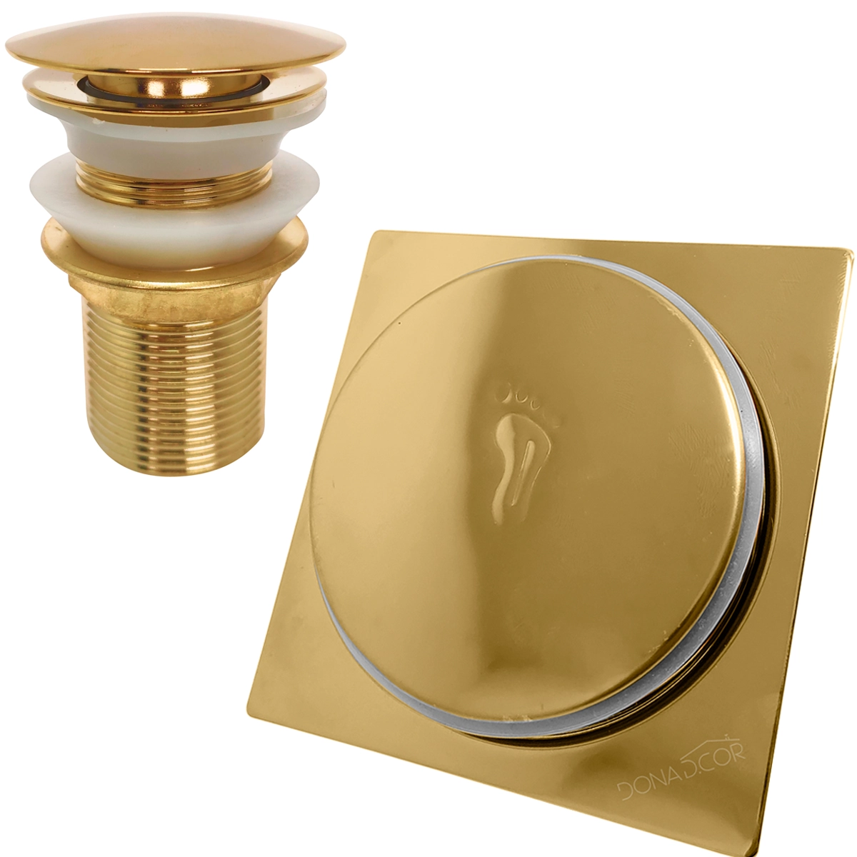 Ralo Click 10x10 Dourado Inox E Valvula Dourada Ralo De Pia 1 1/4 Kit Banheiro Luxo