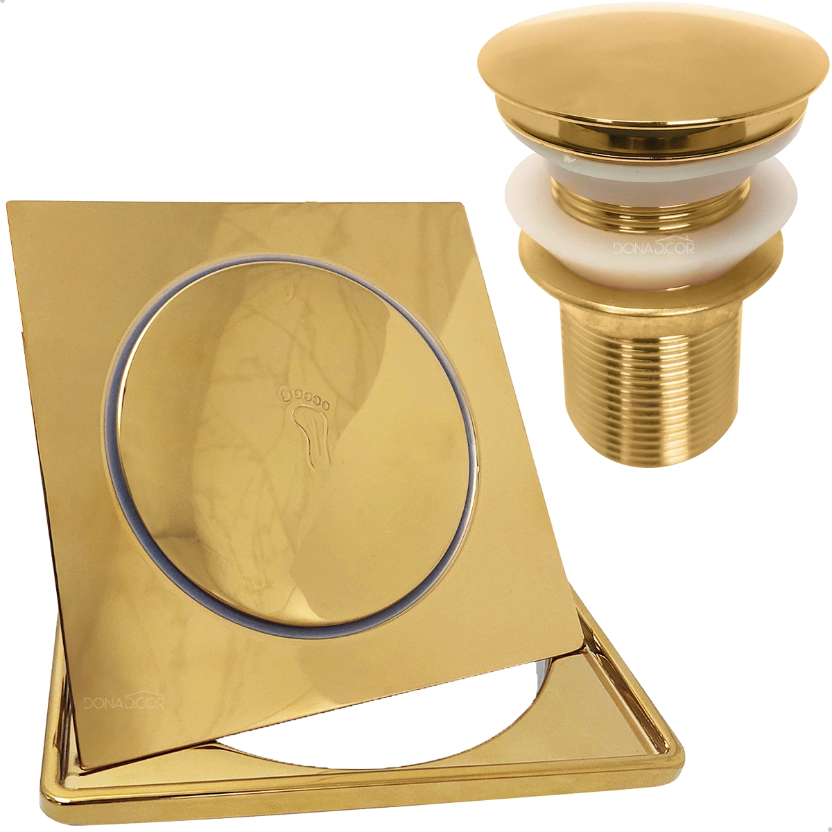 Ralo Click Dourado E Porta Grelha 15x15 Valvula Click 1 1/4 Inox Kit Banheiro Completo Gold Brilhoso