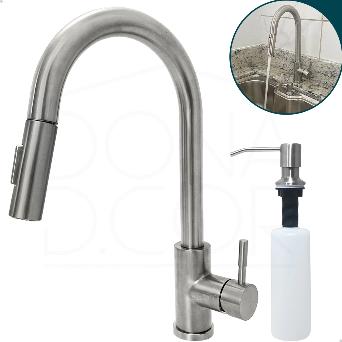 Torneira Pia Cozinha Escovada E Dispenser Dosador Detergente 500ml Kit Cozinha Inox 304 Porta Detergente De Embutir