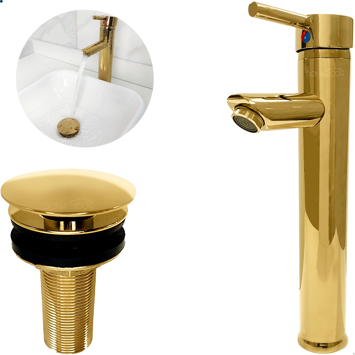 Torneira Dourada Bica Alta Para Pia Banheiro E Valvula Click 7/8 Inox Kit Lavabo Gold Luxo